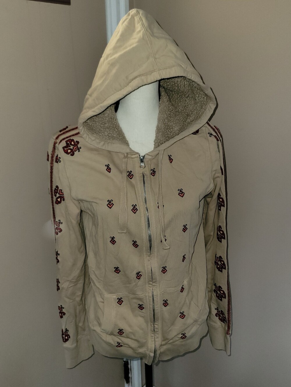 Lucky Brand Beige Hooded Zip Jacket with Maroon Embroidered Accents